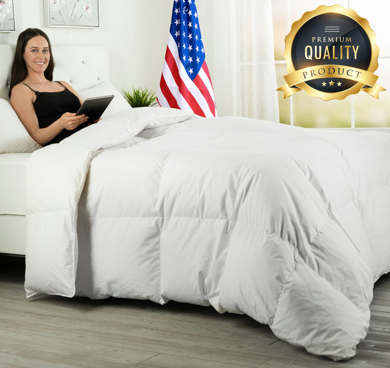 European Goose Down White Comforter - Egyptian Cotton Cover, With Corner Tabs- Made in the USA